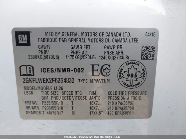 Aukcja sprzedaży 2015 Gmc Terrain Sle, vin: 2GKFLWEK2F6354833, numer aukcji: 12685632