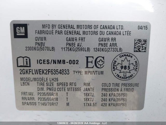 Aukcja sprzedaży 2015 Gmc Terrain Sle, vin: 2GKFLWEK2F6354833, numer aukcji: 12685632