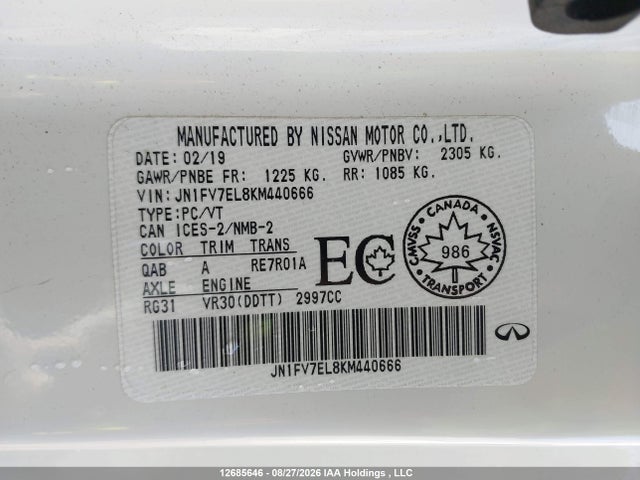 Aukcja sprzedaży 2019 Infiniti Q60 Red Sport 400, vin: JN1FV7EL8KM440666, numer aukcji: 12685646