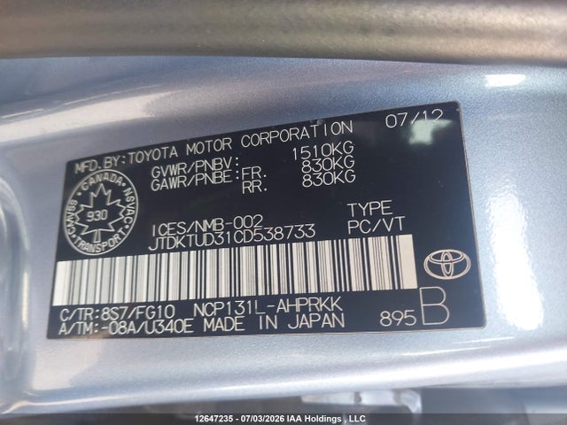 2012 Toyota Yaris მანქანა იყიდება აუქციონზე, vin: JTDKTUD31CD538733, აუქციონის ნომერი: 12647235