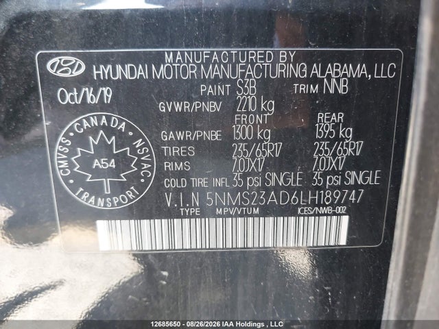 5NMS23AD6LH189747 Hyundai Santa Fe Essential Fwd With Smartsense Package