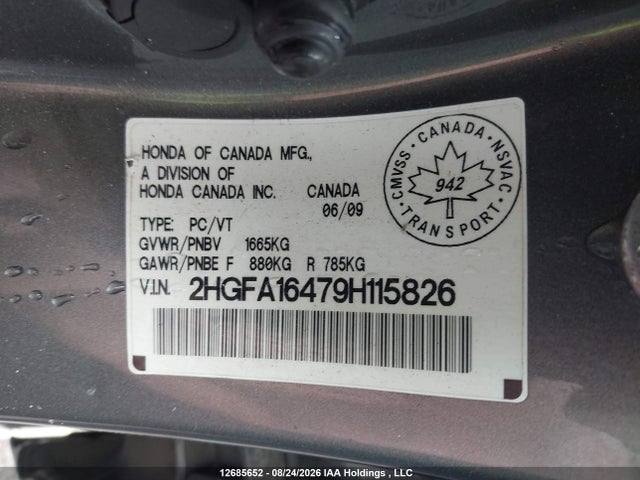 2009 Honda Civic Dx-g მანქანა იყიდება აუქციონზე, vin: 2HGFA16479H115826, აუქციონის ნომერი: 12685652