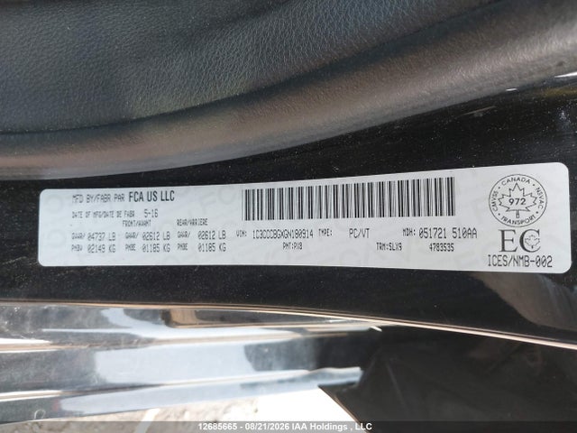 Aukcja sprzedaży 2016 Chrysler 200 S, vin: 1C3CCCBGXGN180914, numer aukcji: 12685665