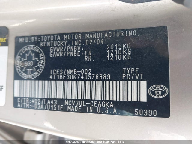 12685686 :رقم المزاد ، 4T1BF30K74U578889 vin ، 2004 Toyota Camry Le V6/xle V6 مزاد بيع