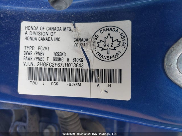 Honda CIVIC SE 2018 2HGFC2F67JH013643 Image 19