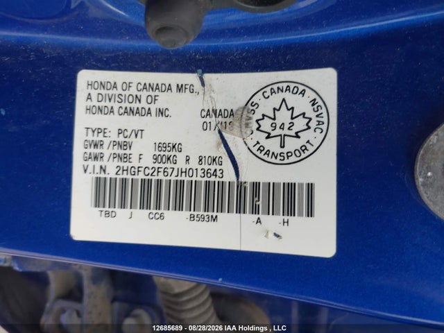 Honda CIVIC SE 2018 2HGFC2F67JH013643 Image 9