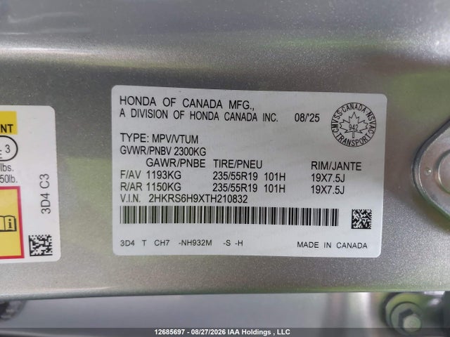 12685697 :رقم المزاد ، 2HKRS6H9XTH210832 vin ، 2026 Honda Cr-v مزاد بيع