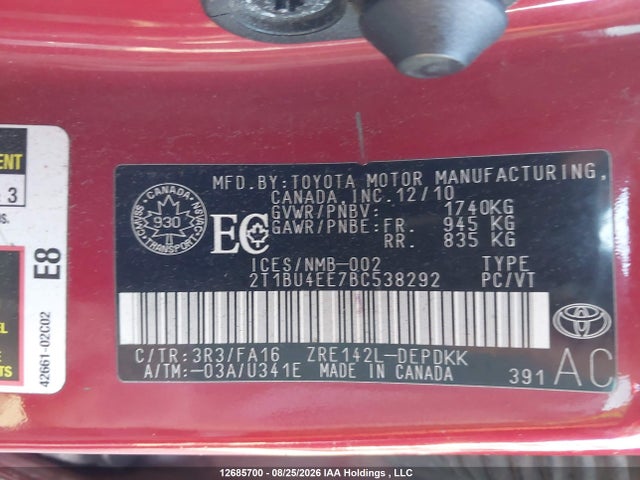 12685700 :رقم المزاد ، 2T1BU4EE7BC538292 vin ، 2011 Toyota Corolla Ce مزاد بيع