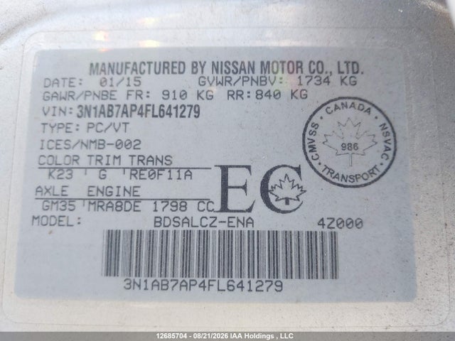 12685704 :رقم المزاد ، 3N1AB7AP4FL641279 vin ، 2015 Nissan Sentra 1.8 S/1.8 Sl/1.8 Sr/1.8 Sv مزاد بيع