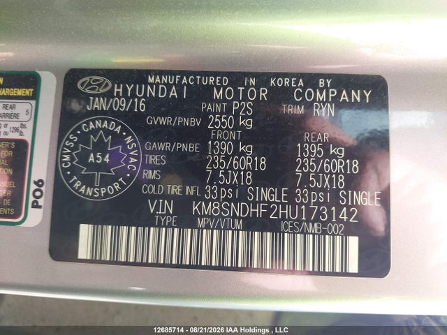 Aukcja sprzedaży 2017 Hyundai Santa Fe Se/limited, vin: KM8SNDHF2HU173142, numer aukcji: 12685714