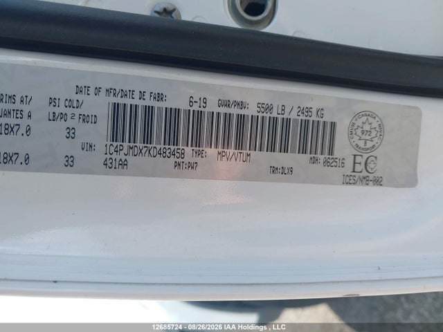 Продажа на аукционе авто 2019 Jeep Cherokee, vin: 1C4PJMDX7KD483458, номер лота: 12685724