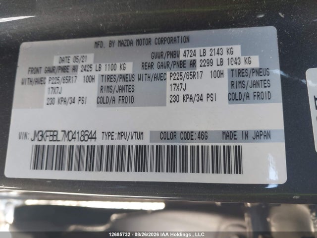 Aukcja sprzedaży 2021 Mazda Cx-5 Sport, vin: JM3KFBBL7M0418644, numer aukcji: 12685732