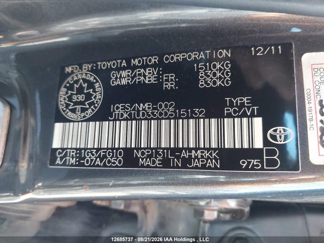 12685737 :رقم المزاد ، JTDKTUD33CD515132 vin ، 2012 Toyota Yaris مزاد بيع