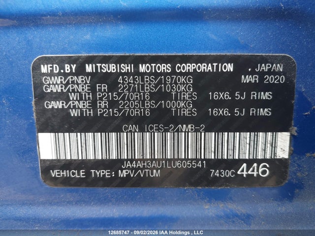 Aukcja sprzedaży 2020 Mitsubishi Rvr Es/se, vin: JA4AH3AU1LU605541, numer aukcji: 12685747