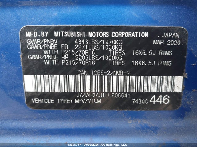 Aukcja sprzedaży 2020 Mitsubishi Rvr Es/se, vin: JA4AH3AU1LU605541, numer aukcji: 12685747