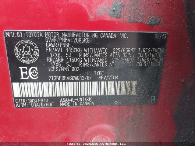 Продажа на аукционе авто 2013 Toyota Rav4 Le, vin: 2T3BFREV6DW013787, номер лота: 12685752