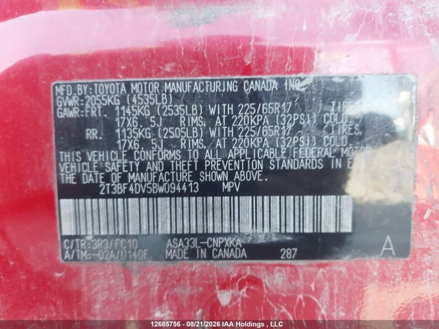 2011 Toyota Rav4 მანქანა იყიდება აუქციონზე, vin: 2T3BF4DV5BW094413, აუქციონის ნომერი: 12685756