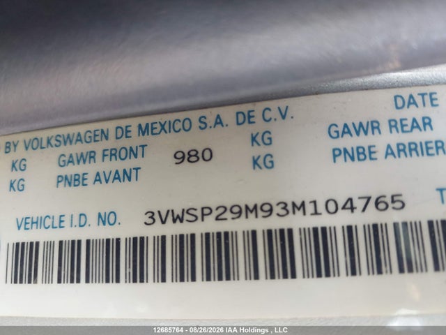 12685764 :رقم المزاد ، 3VWSP29M93M104765 vin ، 2003 Volkswagen Jetta Gls Tdi مزاد بيع