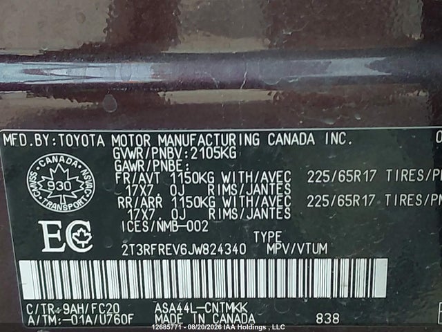 12685771 :رقم المزاد ، 2T3RFREV6JW824340 vin ، 2018 Toyota Rav4 Adventure/xle مزاد بيع