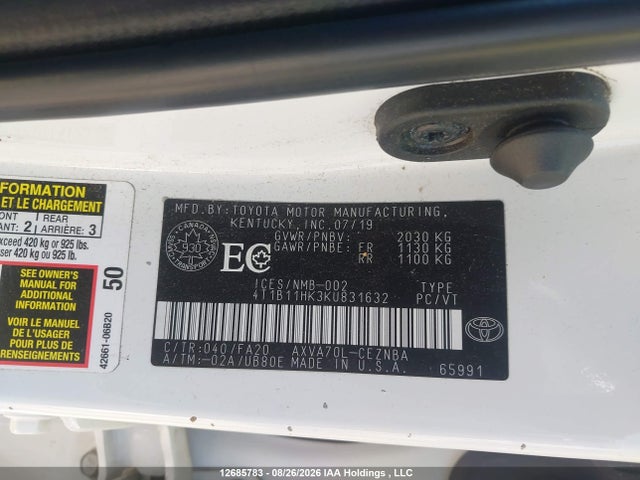 Auction sale of the 2019 Toyota Camry L/le/xle/se/xse, vin: 4T1B11HK3KU831632, lot number: 12685783