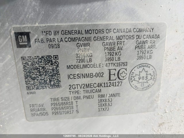 12685785 :رقم المزاد ، 2GTV2MEC4K1124127 vin ، 2019 Gmc Sierra Limited K1500 Sle مزاد بيع