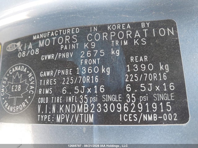 Продаж на аукціоні авто 2009 Kia Sedona Ex/ex Luxury/ex Power/lx/lx Base, vin: KNDMB233096291915, номер лоту: 12685787