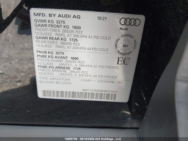 Продаж на аукціоні авто 2022 Audi E-tron S, vin: WA11CAGE6NB012341, номер лоту: 12685789