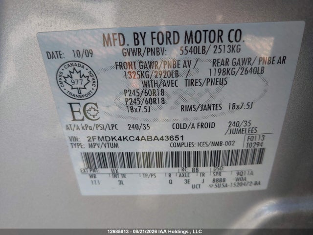 2010 Ford Edge Limited მანქანა იყიდება აუქციონზე, vin: 2FMDK4KC4ABA43651, აუქციონის ნომერი: 12685813