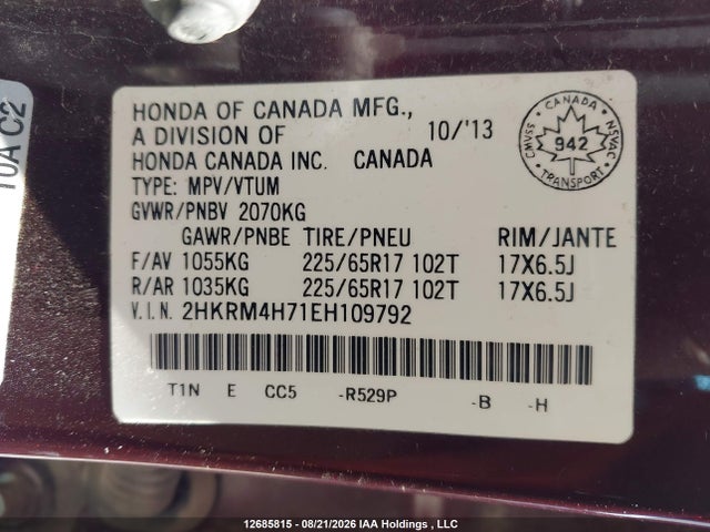 12685815 :رقم المزاد ، 2HKRM4H71EH109792 vin ، 2014 Honda Cr-v Ex-l مزاد بيع