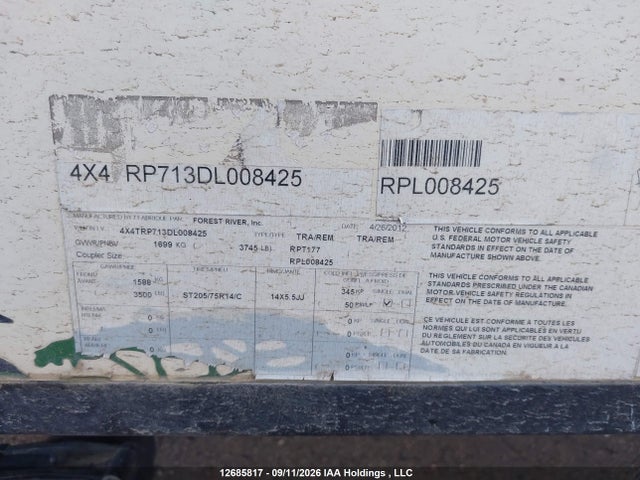 Auction sale of the 2013 Forest River R-pod, vin: 4X4TRP713DL008425, lot number: 12685817