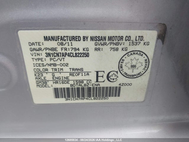 12685834 :رقم المزاد ، 3N1CN7AP4CL822250 vin ، 2012 Nissan Versa S/sv/sl مزاد بيع