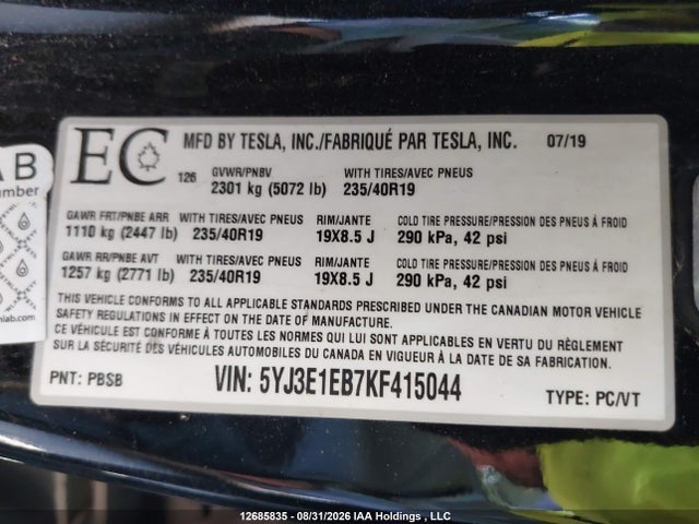 5YJ3E1EB7KF415044 Tesla MODEL 3