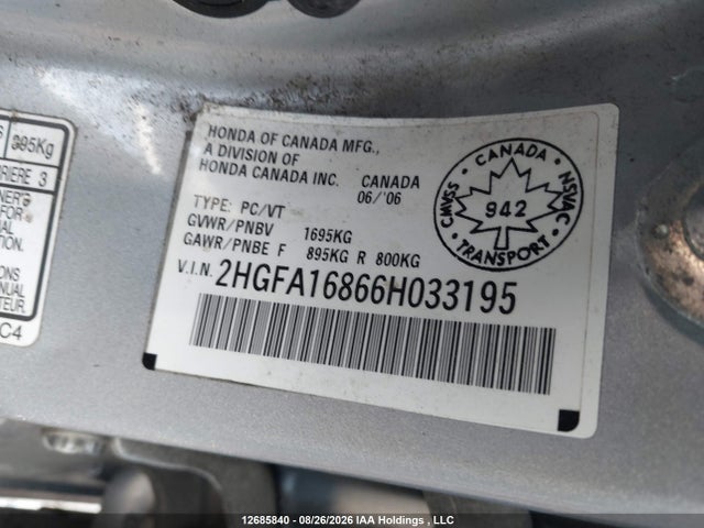 12685840 :رقم المزاد ، 2HGFA16866H033195 vin ، 2006 Honda Civic مزاد بيع