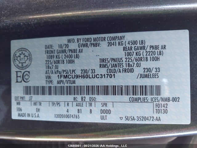 Aukcja sprzedaży 2020 Ford Escape Sel, vin: 1FMCU9H60LUC31701, numer aukcji: 12685861
