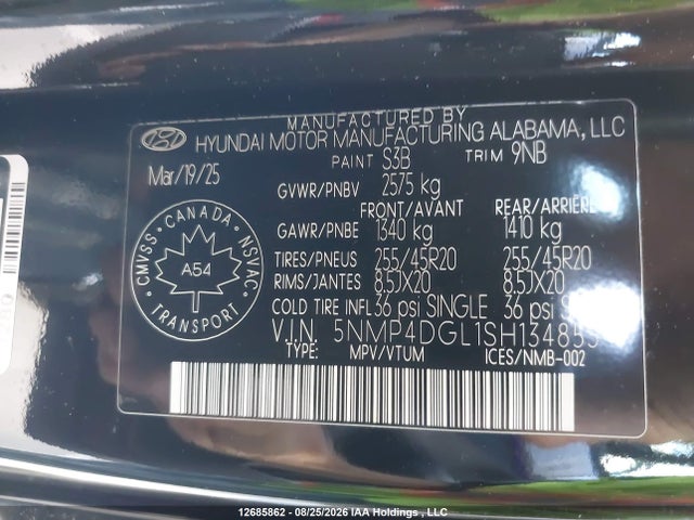 12685862 :رقم المزاد ، 5NMP4DGL1SH134853 vin ، 2025 Hyundai Santa Fe Luxury مزاد بيع