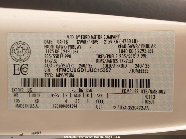12675903 :رقم المزاد ، 1FMCU9GD1JUC15357 vin ، 2018 Ford Escape Se مزاد بيع