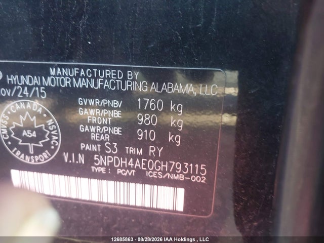 5NPDH4AE0GH793115 Hyundai ELANTRA GL