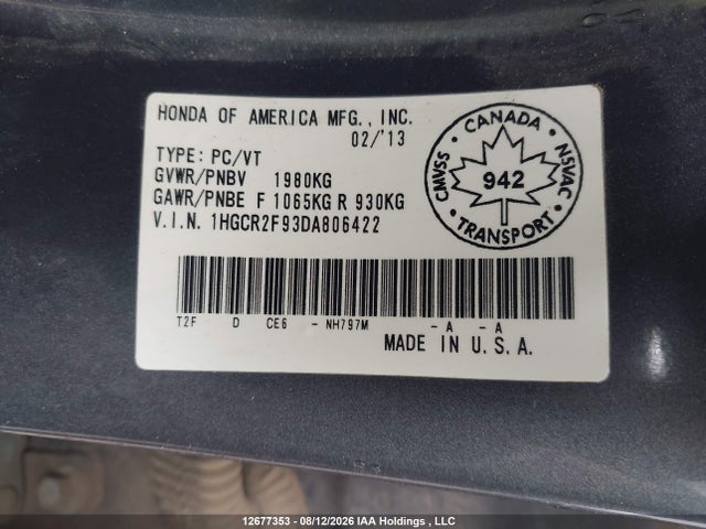 Aukcja sprzedaży 2013 Honda Accord Touring, vin: 1HGCR2F93DA806422, numer aukcji: 12677353