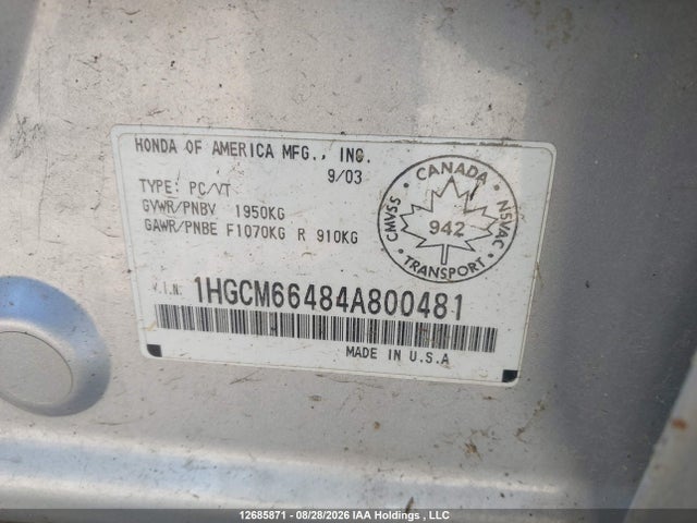 Aukcja sprzedaży 2004 Honda Accord Ex, vin: 1HGCM66484A800481, numer aukcji: 12685871