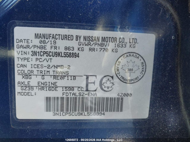 Nissan Kicks S/sr/sv 2019 3N1CP5CU9KL558894 Image 9