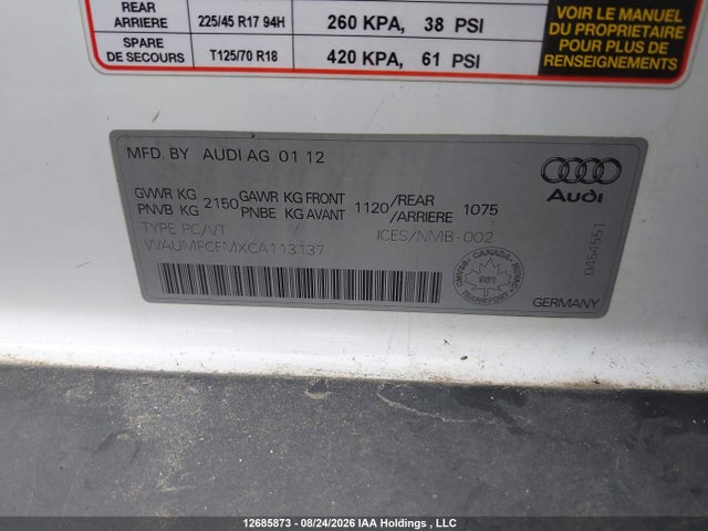 Aukcja sprzedaży 2012 Audi A3 Sportback E-tron, vin: WAUMFCFMXCA113137, numer aukcji: 12685873