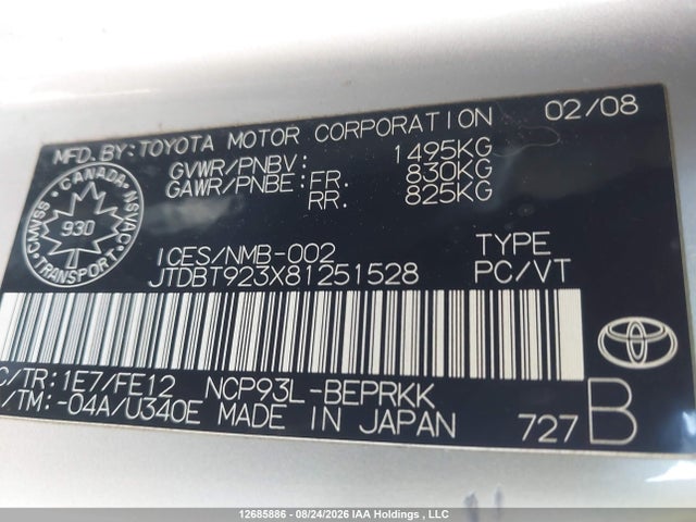 Aukcja sprzedaży 2008 Toyota Yaris, vin: JTDBT923X81251528, numer aukcji: 12685886
