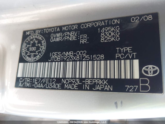 Aukcja sprzedaży 2008 Toyota Yaris, vin: JTDBT923X81251528, numer aukcji: 12685886