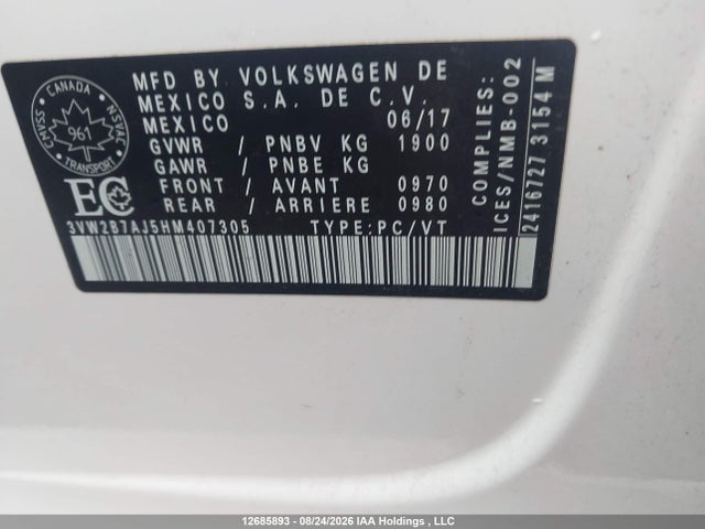 Aukcja sprzedaży 2017 Volkswagen Jetta 1.4 Tsi Trendline+, vin: 3VW2B7AJ5HM407305, numer aukcji: 12685893