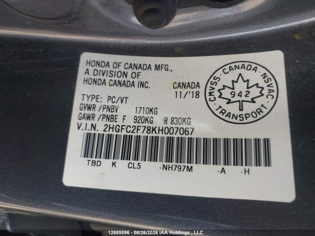 Honda CIVIC EX 2019 2HGFC2F78KH007067 Image 9