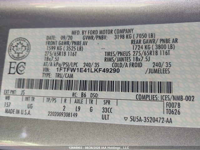 12685903 :رقم المزاد ، 1FTFW1E41LKF49290 vin ، 2020 Ford F150 Supercrew مزاد بيع