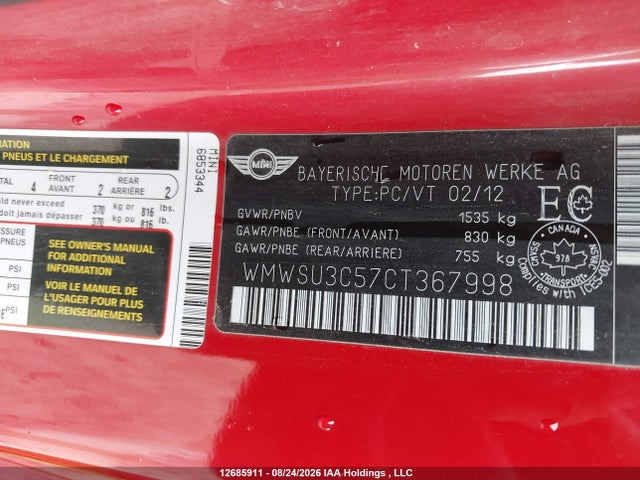 Продажа на аукционе авто 2012 Mini Cooper, vin: WMWSU3C57CT367998, номер лота: 12685911