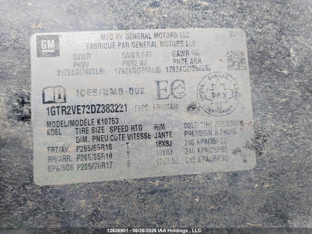 12626901 :رقم المزاد ، 1GTR2VE72DZ383221 vin ، 2013 Gmc Sierra 1500 Sle مزاد بيع