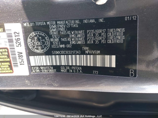 2012 Toyota Sienna Le V6 მანქანა იყიდება აუქციონზე, vin: 5TDKK3DC3CS217343, აუქციონის ნომერი: 12677238