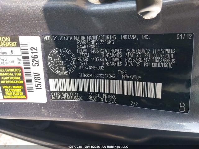 2012 Toyota Sienna Le V6 მანქანა იყიდება აუქციონზე, vin: 5TDKK3DC3CS217343, აუქციონის ნომერი: 12677238